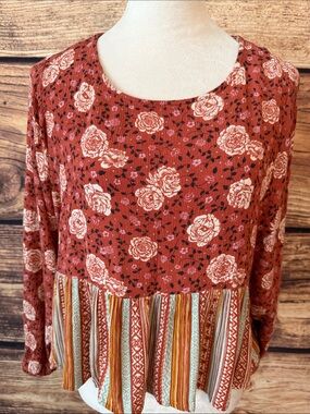 Jolt Rust Rose Floral Peplum Top with Striped Hem
